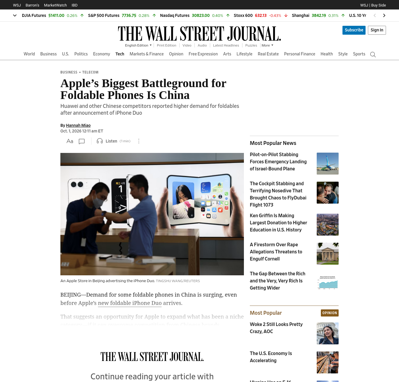 An article from the WSJ on wsj.com with the paywall in place