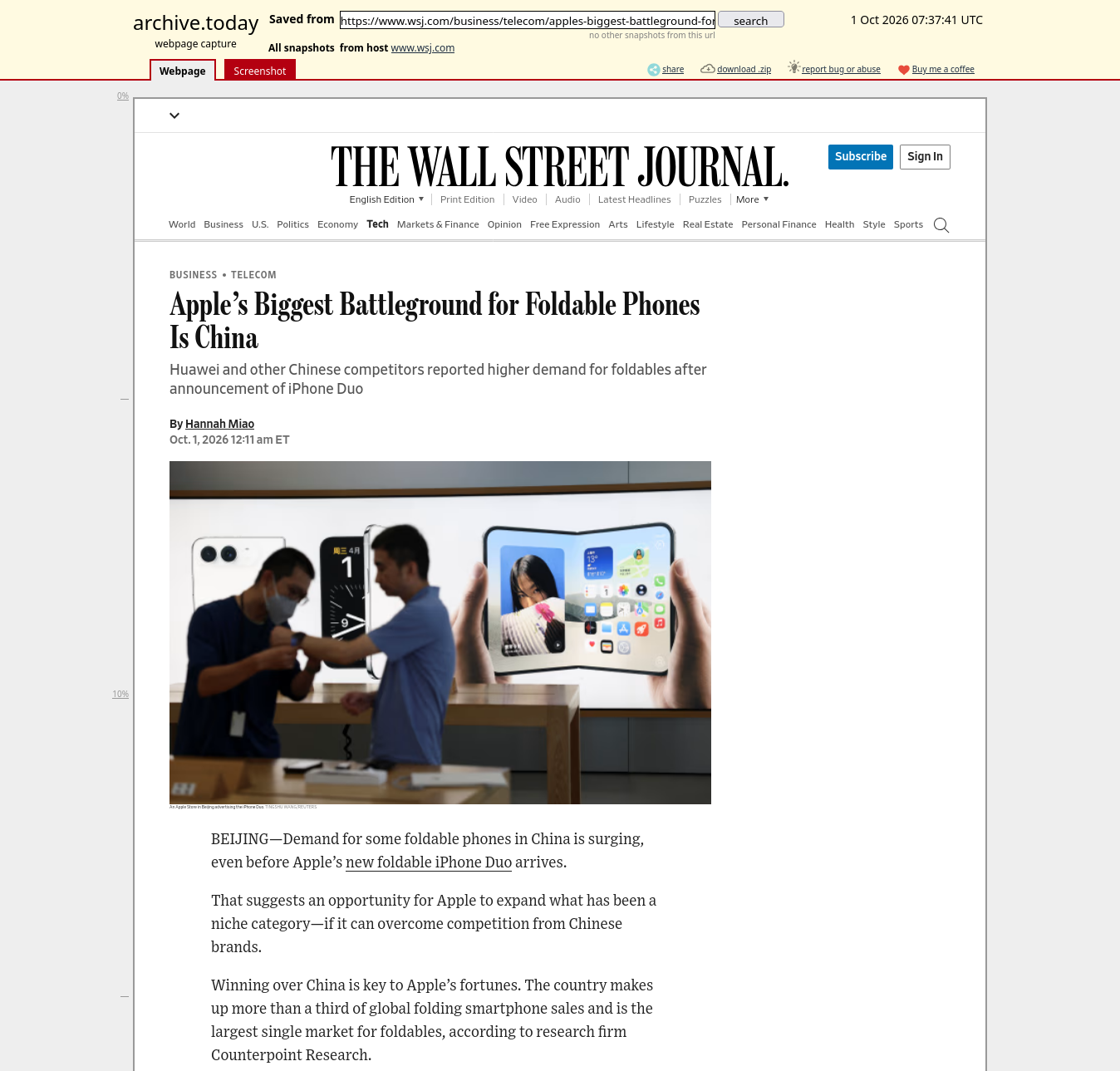 An article from the WSJ on archive.today with the paywall bypassed