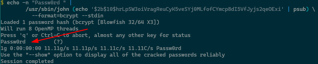 The output of the password cracking software john on the command line with an
invisible trailing space